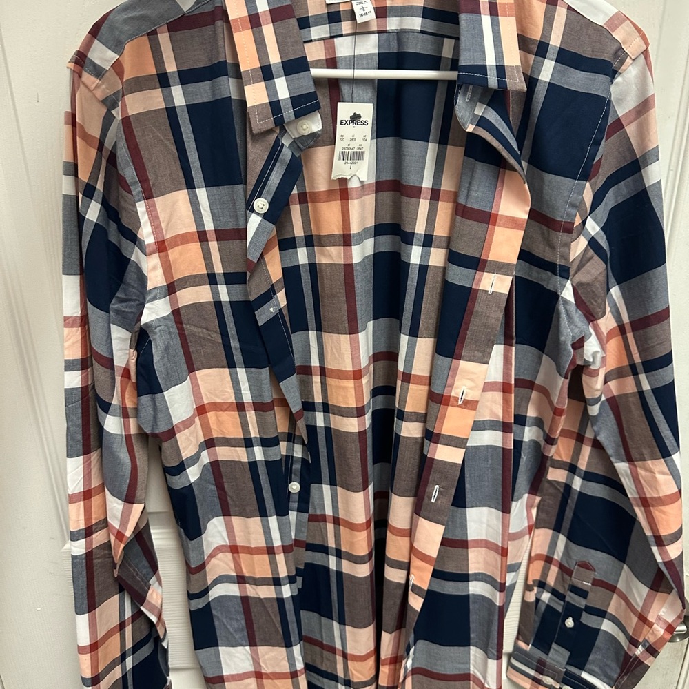 Express Men's Plaid Shirt - Navy, Peach, White